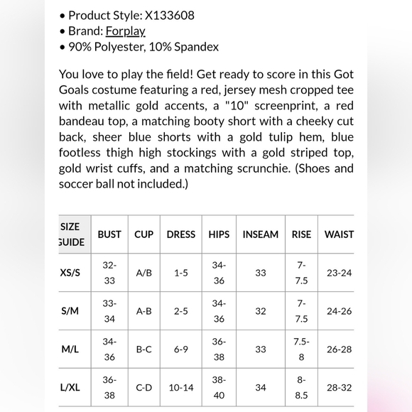 NEW Forplay Soccer Player Goals Sexy Costume 7 Piece Set S/M Yandy - Picture 6 of 6